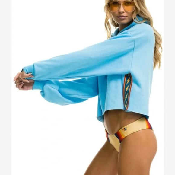 Aviator Nation Lightning Bolt Stripe Relaxed Cropped Pullover Hoodie in Sky Blue - Picture 2 of 12